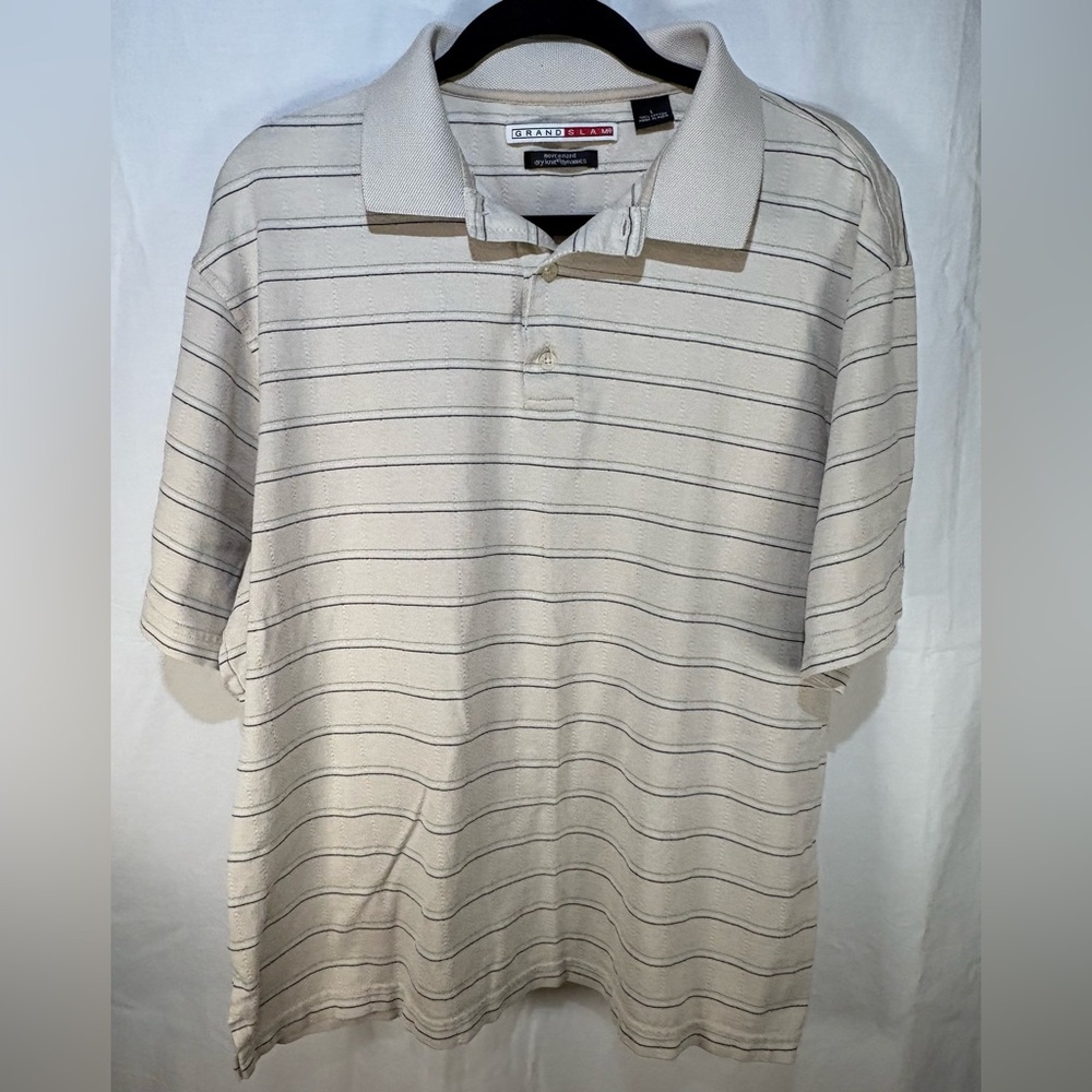 Grand Slam Polo Shirt Men's Cream with Stripes 100% Cotton Mens Large